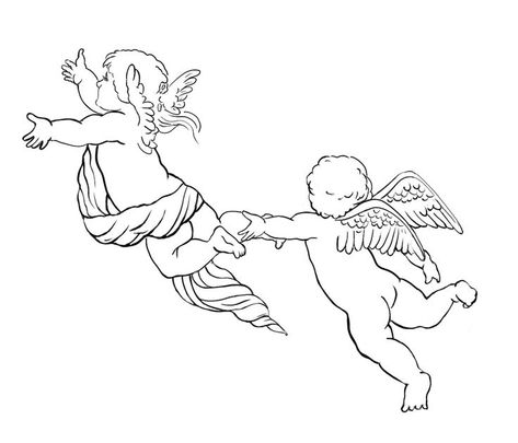 Double Angel Tattoo Flying Cherub Tattoo, Angel Tattoo Neck, Angel Tattoo Outline, Two Angels Tattoo, 3 Cherub Angel Tattoo, Cherub Sleeping Tattoo, Fine Line Cherub, Cherubim Angels Tattoo, Flying Cherub