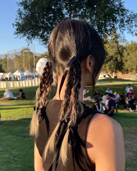 festival braided pigtails mini braids bows ribbon hair Braided Hair Pigtails, Braided Pigtails With Bangs, Double Pigtail Braids, Mini Braid Styles, Festival Hair Plaits, Low Pigtail Braids, Double Braided Pigtails, Braided Hairstyles Pigtails, Braided Pigtails Black Women