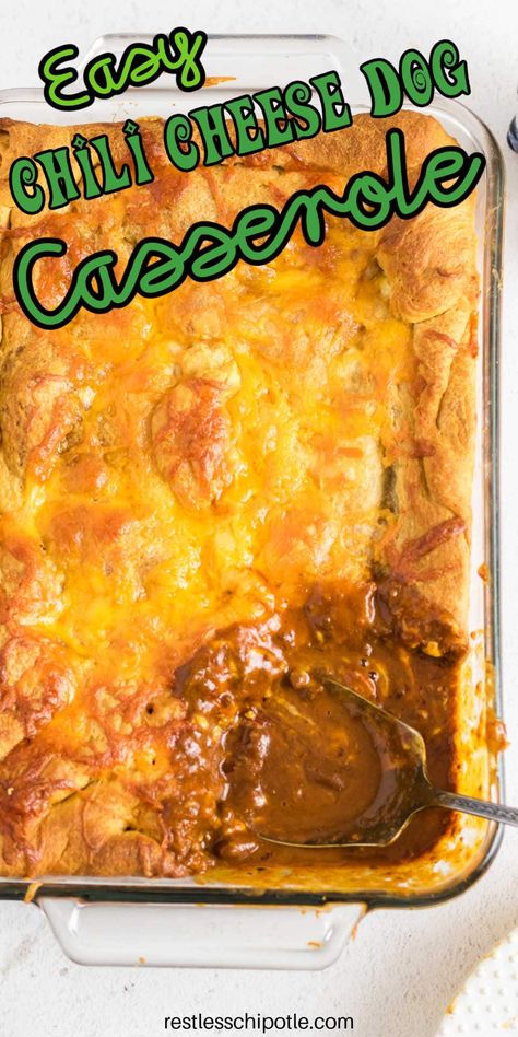 This 30-minute chili dog casserole recipe is for you if you find yourself worn out and needing a quick dinner fix. It's a lifesaver for those busy evenings! Kid friendly. Chili Dogs Casserole, Fix It And Forget It Recipes, Crescent Roll Chili Cheese Dogs, Chili Dog Casserole With Crescent Rolls, Chilli Cheese Dog Casserole, Chilli Dog Casserole, Recipe With Crescent Rolls, Chili Cheese Dog Bake, Chilli Cheese Dogs