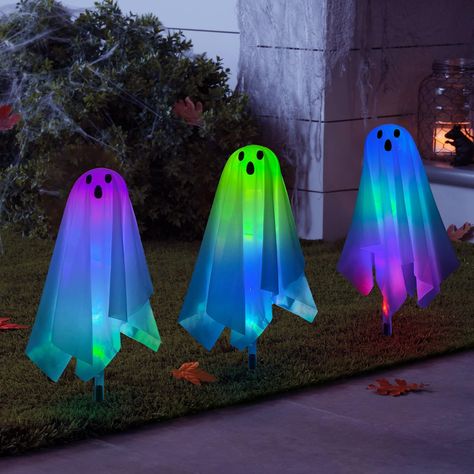 BAYN Halloween Ghost Pathway Stake Lights, 3 Packs White Cloth Ghost Decor with 15 Color Changing LEDs Pathway Markers Best for Outdoor, Porch, Yard, Halloween Holiday Decoration Halloween Pathway Lights, Cloth Ghost, 3 Ghosts, Halloween Hanging Ghost, Neon Halloween, Outdoor Nativity Scene, Ghost Decor, Outdoor Nativity, Hanging Ghosts