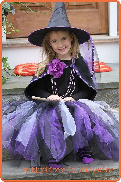 My daughters decided to be witches for Halloween this year, and I had so much fun putting this costume together. The pièce de résistance was this super-easy, super-inexpensive tutu! Instructions for DIY Witch Tutu Skirt 1. Cut your elastic according to size. To get the right size, measure your little one's waist and then subtract roughly 2 inches. This allows for some stretch and ensures the tutu won't fall down when she's wearing it. 2. Sew your elastic closed. The best method I have found Witch Costume Diy, Witch Tutu, Diy Tutus, Mother Daughter Projects, Diy Tutu, Witch Costumes, Adornos Halloween, Thanksgiving Wreath, Witch Diy