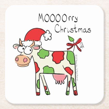 Cow Funny Cartoon Christmas Holiday Square Paper Coaster Cows Funny Cartoon, Cow Christmas, Glass Coaster, Cartoon Christmas, Cows Funny, Christmas Cute, Card Drawing, Christmas Canvas, Paper Coaster