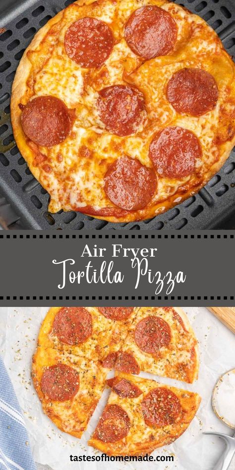 This quick and easy air fryer pizza is made on a tortilla and comes together in five minutes in the air fryer. Using flour tortillas, pizza sauce, and your choice of toppings, it is the perfect way to satisfy your pizza craving when you are short on time. Great for a quick lunch, dinner or snack. An easy recipe and the kids will love it. Air Fryer Tortilla Pizza, Pizza In Air Fryer, Pizza Pairings, Air Fryer Tortilla, Low Calorie Tortilla, Air Fryer Pizza, Pizza Fries, Tortilla Pizza, Personal Pizza