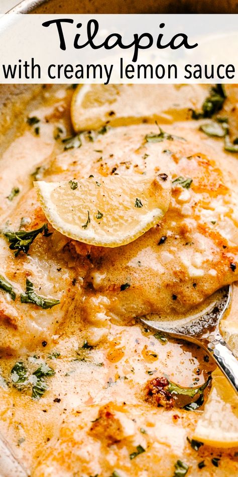 Fish Skillet Recipes, Cream Fish Recipes, Creamy Lemon Tilapia, Lemon Cream Fish, Jewish Fish Recipes, Fish Stove Top Recipes, Seafood And Fish Recipes, Flaky Fish Recipes, Tilapia Easy Recipe