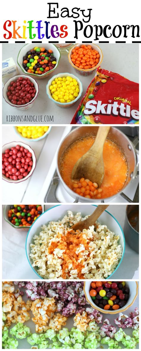 Skittles Dessert Recipes, Skittle Popcorn, Easy Office Treats, Skittles Dessert, Types Of Popcorn, Colorful Popcorn, Skittles Candy, Popcorn Treats, Popcorn Snacks