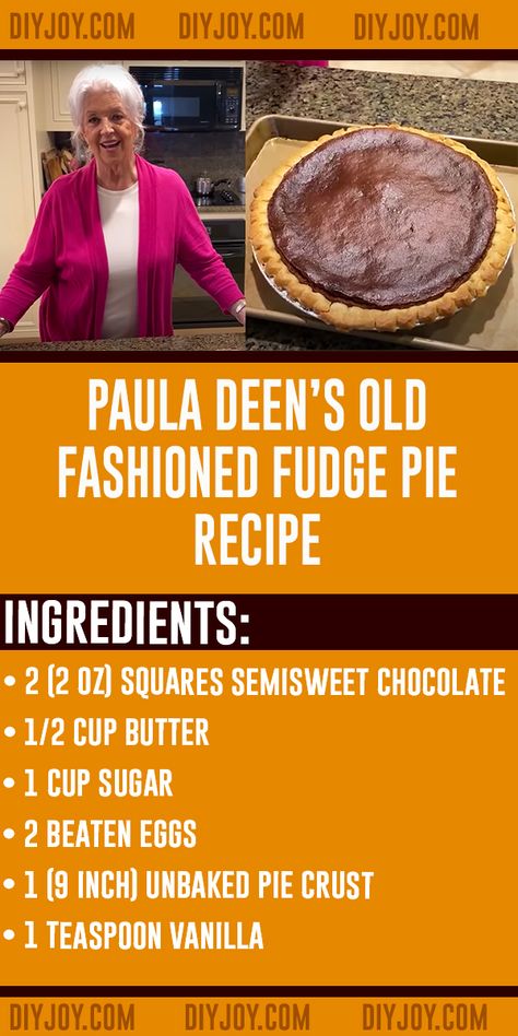 Paula Deen's Old Fashioned Fudge Pie Recipe via @diyjoycrafts Paula Dean Chocolate Pie, Southern Fudge Pie, Fudge Pie Recipe Paula Deen, Fudge Pie Recipe Easy, Paula Deen Chocolate Pie, Ukrops Chocolate Fudge Pie Recipe, Old Fashioned Fudge Pie, Simple Chocolate Dessert, Water Pie Recipe