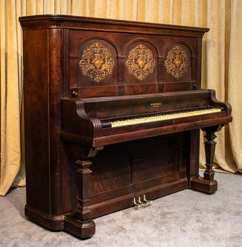 This unique piano was built by the famous W.W. Kimball Piano Company of Chicago in about 1905. This piano’s design stands out among the many styles and models offered by the then flourishing firm. What makes this piano really stand out is the array of ornate carvings on the front-board.  #kimball #kimballpiano #uprightpiano #piano #antiquepiano #victorianpiano #pianorestoration Piano Renovation, Stand Up Piano, Standing Piano, Victorian Piano, Unique Piano, Orchestra Instruments, Classic Piano, Piano Restoration, Piano Shop