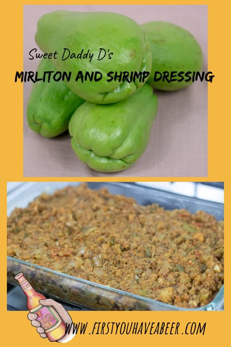 If South Louisiana was a vegetable, it would be a mirliton, also called chayote. Mirliton and Shrimp Dressing is a holiday staple in South Louisiana, combining the mild flavors of Mirliton, with Gulf Shrimp and Creole seasonings. The outcome is a delicious, homey Dressing, special enough for the holiday table but simple enough to enjoy anytime.     via @firstyouhaveabeer Shrimp And Mirliton Dressing, Seafood Stuffed Mirliton, Shrimp And Mirliton Casserole, Stuff Mirliton, Militon Recipes, Stuffed Mirliton Recipes, Mirliton Recipes New Orleans, Mirliton Casserole, Mirliton Dressing