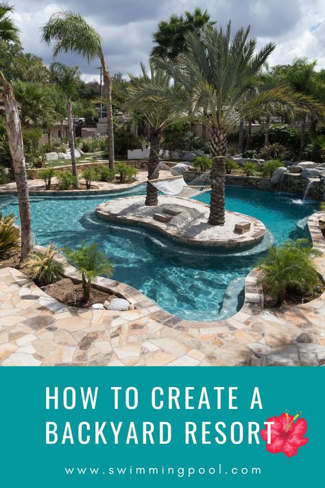 how to create a backyard resort Resort Swimming Pool Design, Diy Resort Style Backyard, Resort Pool Ideas, Resort Like Backyard, Backyard Resort Ideas, Resort Backyard Ideas, Rustic Inground Pool Ideas, Pool Designs Modern, Resort Backyard