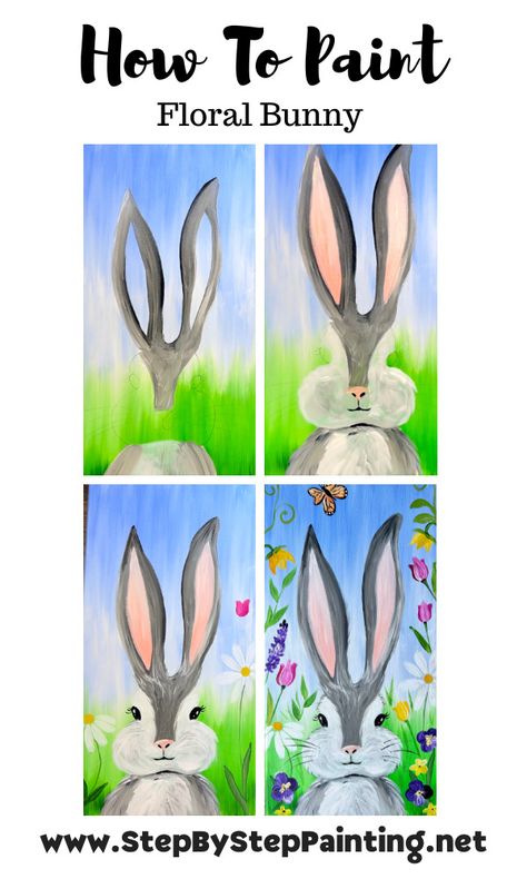 Floral Easter Bunny - Acrylic Painting Tutorial Easter Kid Painting, Diy Bunny Painting, Kids Bunny Painting, Cute Easter Paintings Easy, Easy Easter Acrylic Painting Ideas, How To Paint Bunny, Rabbit Painting Acrylic Easy, Easter Painting Tutorial, Step By Step Easter Painting