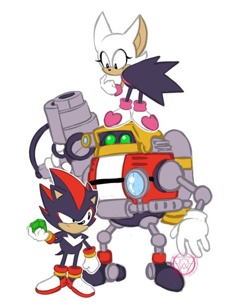 Shadow, Rouge and Omega in the Sonic Mania style. I seriously love this picture. Team Dark Fanart, Team Dark, Shadow And Rouge, Sonic Mania, Hedgehog Movie, Rouge The Bat, Classic Sonic, Sonic Heroes, Silver The Hedgehog