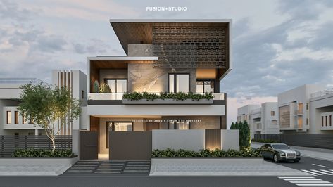 1254 Dera Bassi - 250 sq. yards on Behance Front Yard Landscaping Modern, Modern Home Front Yard, Contemporary House Elevation, Home Front Wall Design, Beautiful House Exterior, Front Elevation Designs Modern, House Front Elevation, House Outer Design, Contemporary House Exterior