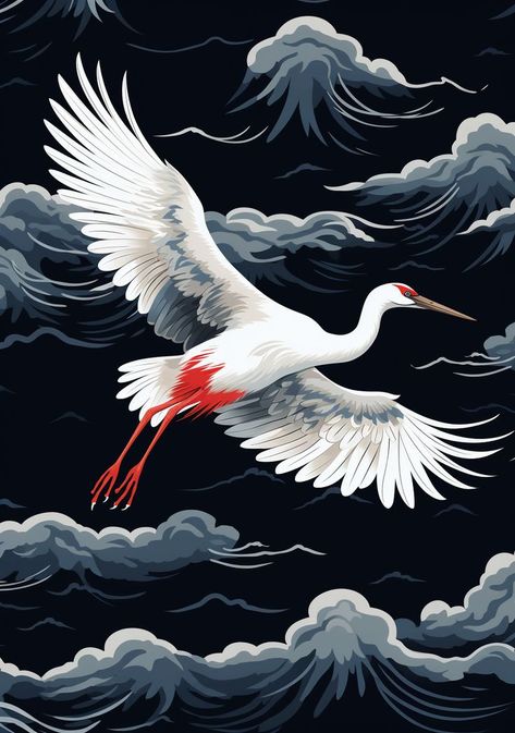 Artwork depicting a white crane in flight against a dark, stormy sky. The piece combines hand-painted details with flat shading, resulting in a vibrant mural of dark gray and red hues. Heron Art Paintings, Crane Bird Illustration, Japanese Crane Art, Crane Illustration, Flat Shading, Cranes In The Sky, Crane Art, Heron Art, Stormy Skies