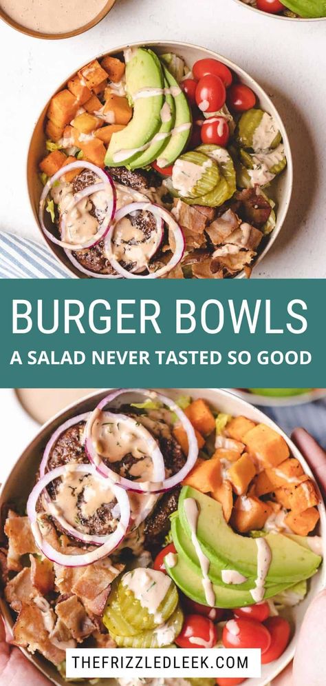 Looking for a delicious and healthy way to enjoy all the flavors of a burger without the bun? Look no further than deconstructed burger bowls! Packed with protein, veggies, and all your favorite burger toppings, these bowls are a fun and easy way to satisfy your cravings while sticking to your healthy eating goals. Whether you're looking for a quick and easy weeknight dinner or a fun twist on burger night, these deconstructed burger bowls are sure to become a new favorite in your meal rotation. Deconstructed Burger, Homemade Burger Patties, Bun Look, Burger Bowls, Protein Veggies, Meal Rotation, Easy Whole 30 Recipes, Healthy Beef Recipes, Healthy Burger