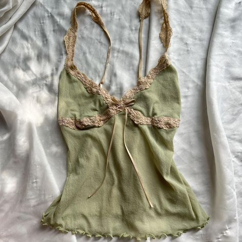 Eberjey Y2K Green and tan lace mesh cami top with... - Depop Summer Y2k Halter Camisole Top, Fitted Y2k Halter Camisole Top, Vintage Cami Top, Y2k Sleeveless Top With Lace Trim, Green Y2k Cami Top, Vintage Lace Trim Camisole Top, Vintage Cami, Diy Mail, Cami Tops