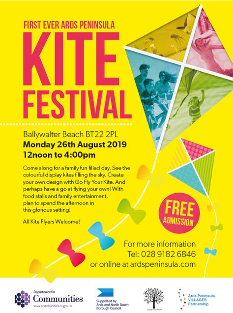 Come along for a family fun filled day  at the first ever Ards Peninsula Kite Festival TODAY!  See the colourful display kites filling the sky. Create your own design with Go Fly Your Kite and perhaps have a go at flying your own! Find out more at https://whatsonni.com/event/45269-ards-peninsula-kite-festival/ballywalter-beach?utm_content=buffer3686d&utm_medium=social&utm_source=pinterest.com&utm_campaign=buffer Kite Festival Creative Ads, Family Festival Poster, Kite Festival Poster, Kite Invitation, Funfair Flyer Design, Kite Flyer, Family Festival, Kite Festival, Go Fly A Kite