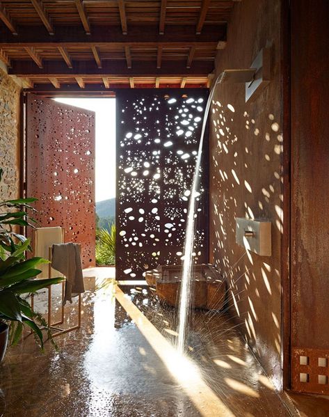 Corten Steel Raindrop Doors at Villa CP - Boutique Perforated Corten Steel, Steel Screen, Barcelona Architecture, Metal Front Door, Weekend Home, Steel Front Door, Iron Gate Design, Deck Designs Backyard, Corten Steel