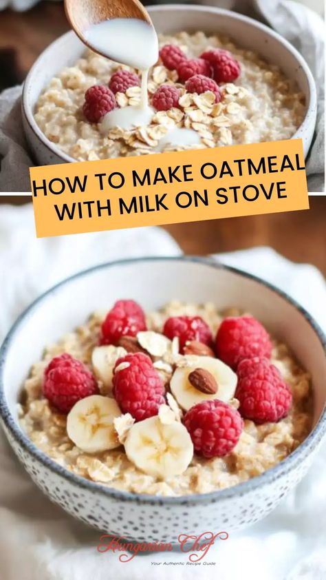 How to make oatmeal with milk on stove – Hungarian Chef Cooking Oatmeal On Stove, How To Make Oatmeal On The Stove, Oatmeal Recipes Breakfast Stovetop, Oatmeal With Milk, Breakfast Quick And Easy, Stovetop Oatmeal, Quick Oat Recipes, Quick Oatmeal, Make Oatmeal