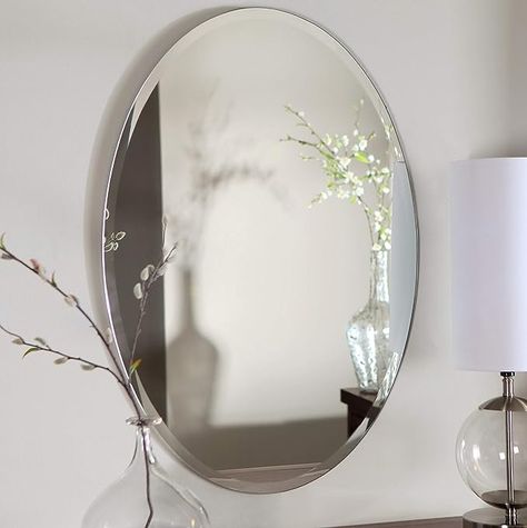 Amazon.com: Mirrors and More 20 x 30 Bathroom Mirrors for Vanity - Espejos para Baños - Oval Beveled Bathroom Wall Mirror - Vertical or Horizontal Placement - 3 D-Ring Hardware on Backer : Home & Kitchen Beveled Mirror Bathroom, Shower Doors Sliding, Lake House Master Bath, Frameless Beveled Mirror, Bathrooms Mirrors, Oval Mirror Bathroom, Chest Storage, Scandinavian Home Decor, Kitchen Vanity