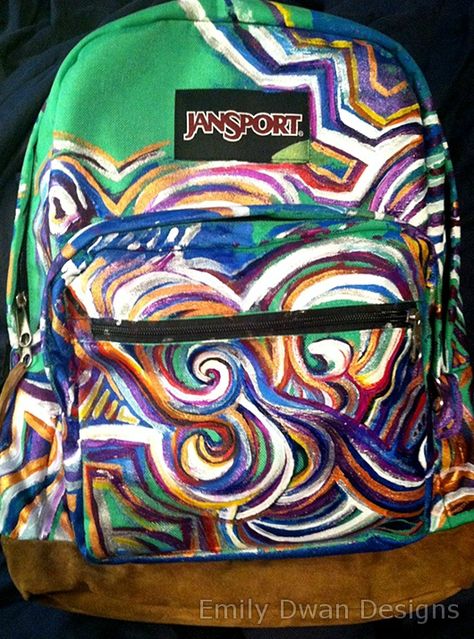 Hand painted Jansport backpack. EmilyDwan.com. Order your own here: https://www.etsy.com/listing/106555137/custom-painted-backpack Backpack Painting Ideas, Backpack Painting, Painted Backpack, Jansport Backpacks, Mochila Jansport, Backpack Diy, Backpack Jansport, Painting Backpack, Backpack Ideas