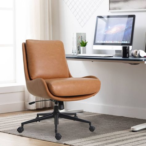 Equally stylish behind your desk or in your living room or bedroom, this Modern Armless Office Chair will be a statement piece in your home. Engineered with a soft curved base profile and generous high density foam seat and back that are removable, this home office companion will bring lasting comfort even for the longest work days. Built with a durable aluminum metal base and easy to attach casters that work on a variety of floors. Increase ease in your day with the gas lift adjustment, the 360 Faux Leather Office Chair, Desk Chair Office, Midcentury Office Chair, Writing Desk Chair, Stylish Office Chair, Mcm Desk Chair, Armless Office Chair, Boho Desk Chair, Office Chair Ideas