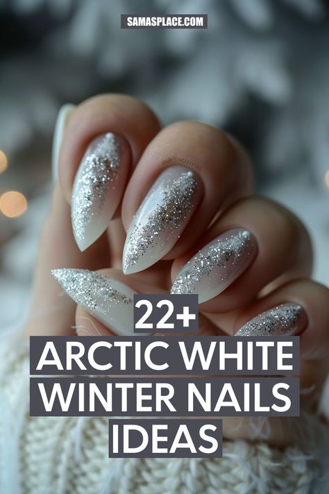 These nails feature a white base with glitter "dipped" effect at the tips. The gradient sparkle creates a soft, snowy appearance on almond-shaped nails, adding a touch of winter magic. Holiday Dip Nails Winter, Winter Sparkle Nails, Pointed Nail Designs, White Sparkle Nails, White Winter Nails, Silver Sparkle Nails, Winter Nails Art, White Stiletto Nails, Matte White Nails