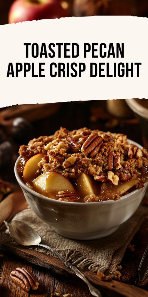 Indulge in the warm, comforting flavors of homemade Apple Crisp with Toasted Pecan Crumble. This delightful dessert features tender, spiced apples topped with a crunchy, nutty pecan crumble that adds the perfect texture. Ideal for cozy gatherings or a sweet treat after dinner, this recipe is easy to make and sure to impress. Serve it warm with a scoop of vanilla ice cream for an irresistible finish. Discover the joy of baking with this deliciously simple recipe! Pecan Crumble Topping, Homemade Apple Crisp, Crisp Recipes, Pecan Crumble, Joy Of Baking, Apple Crisp Recipes, Baked Apple, Homemade Apple, Crumble Topping