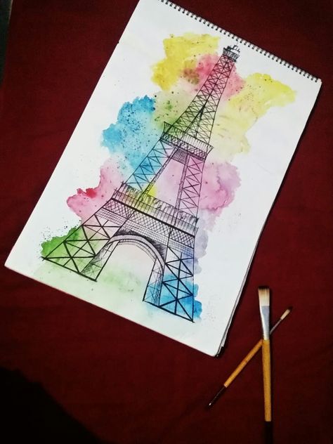 Eiffel Tower Painting Easy, Paris Painting Easy, Eiffel Tower Drawing Easy, Eiffel Tower Sketch, Write Inspiration, Ballpoint Pen Sketch, Eiffel Tower Watercolor, Eiffel Tower Drawing, Eiffel Tower Painting