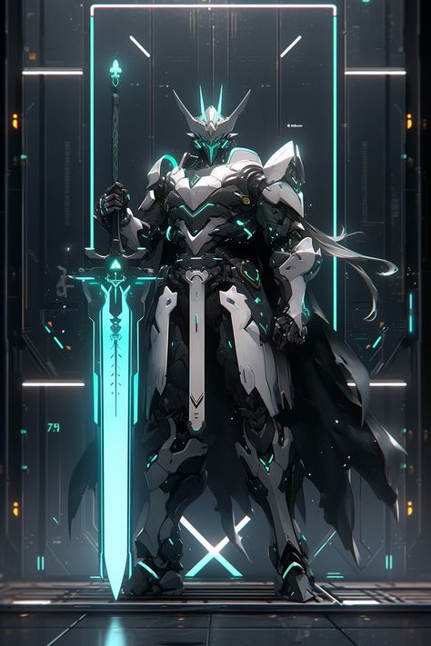 A formidable white and black mecha, its armor shimmering like precious pearls, wielding a turquoise glow sword that resonates with the ebb and flow of powerful waves, a symbol of its unwavering resolve. Fantasy Robot Art, Black And White Armor, Power Armor Concept Art, Mecha Concept Art, Mecha Knight, Mecha Armor, Mech Armor, Powered Armor, Sci Fi Character Design