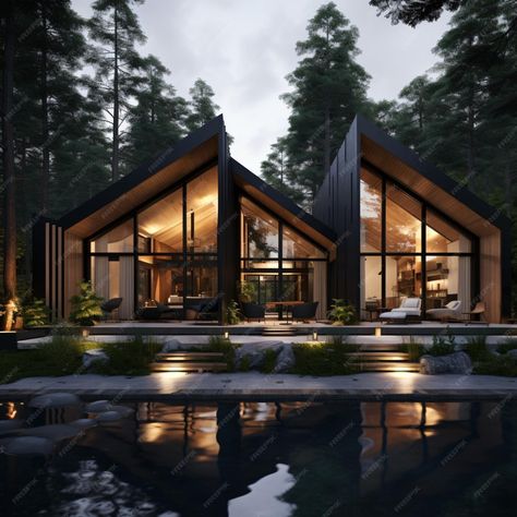 Premium Photo | Modern cabin house in deep forest Modern Cabins In The Mountains, Cabin Modern House, Scandi Facade, Forest House Architecture, Modern House In The Forest, Modern Scandinavian House, Modern Forest House, Modern Mountain Cabin, Scandinavian Modern House