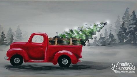 Paint a Christmas classic that all households should have! Starting with acrylic paint on canvas, then adding lights. #Ad , Old Red Truck, Truck With Christmas Tree, Wood Decorations, Tree Watercolor Painting, Christmas Red Truck, Vintage Red Truck, Christmas Paintings On Canvas, Christmas Tree Truck, Vintage Pickup Trucks