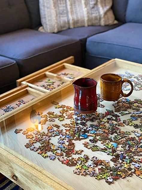 Amazon.com: Rustic Puzzle Coffee Table with Removable Glass top - Includes 2 Hidden Drawers - 24x36. 100% Made in The USA : Toys & Games Puzzle Coffee Table, Puzzle Organization, Reclaimed Wood Decor, Coffee Table Height, Diy Yard Games, Puzzle Table, Display Coffee Table, Board Game Table, Harbor House