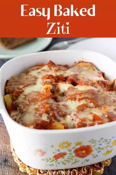 This simple baked ziti recipe has a secret. Instead of ricotta cheese, I use sour cream! It's creamy and saucy and extra delicious and a true people pleaser. #bakedziti #pastacasserole #dishesdelish Simple Baked Ziti, Ricotta Pasta Bake, Recipe With Ground Beef, Easy Baked Ziti, Ziti Recipe, Best Pasta Dishes, Favorite Pasta Recipes, Ziti Recipes, Baked Ziti Recipe