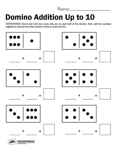 Domino Worksheet, Adding Up to 10 | Paging Supermom Adding With Dominoes, Adding To 10 Worksheet, Adding Within 10, Domino Addition Worksheet, Addition Worksheets First Grade, Adding To 10, Domino Addition, Addition Within 10, Kindergarten Math Free