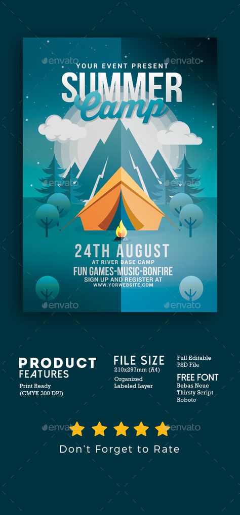 Summer Camp Flyer Template PSD. Download - 100% CMYK print Ready 300 DPI - Well Organized Layer - Full Editable Text Summer Camp Poster Design, Camping Poster Design, Day Camping Ideas, Children Poster Design, Activity Poster Design, Summer Camp Design, Camp Event, Camp Poster, Camping Poster