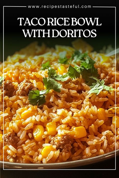 This Taco Rice Bowl with Doritos is a quick and delicious meal that combines seasoned ground beef, fluffy rice, and your favorite taco toppings over a crunchy base of Doritos. Perfect for busy weeknights or game day gatherings! Taco Rice Bowl, Seasoned Ground Beef, Taco Toppings, Taco Rice, Fluffy Rice, Taco Seasoning Packet, Mexican Rice, Quick Weeknight Meals, Rice Bowl