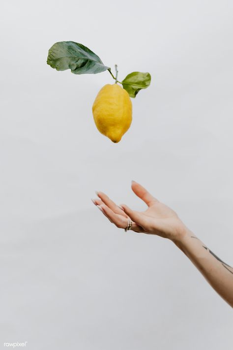 Tattooed hand throwing a lemon up in a gray sky | premium image by rawpixel.com / Karolina / Kaboompics Hand Throwing Reference, Cucumber And Lemon Water, Hand Photoshoot, Lemon Photoshoot, Lemon Pictures, Lemon Photography, Lemon Background, Sky Tattoos, Mediterranean Summer