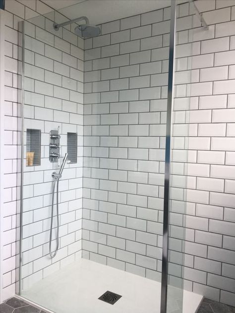 Replace shower insert Subway Tiles With Black Grout, Shower In Basement, Tiles With Black Grout, Shower Insert, Shower Inserts, Walk In Shower Designs, White Subway Tiles, Shower Niche, Subway Tiles