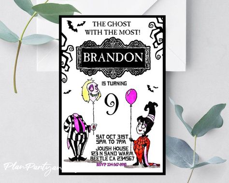 Beetle Juice Invitation, Beetlejuice Birthday Invitations, Beetlejuice Invitations, Beetlejuice Birthday, Pizza Party Birthday, S Png, Halloween Costume Party Invitations, Birthday Favors Kids, Pool Party Birthday Invitations