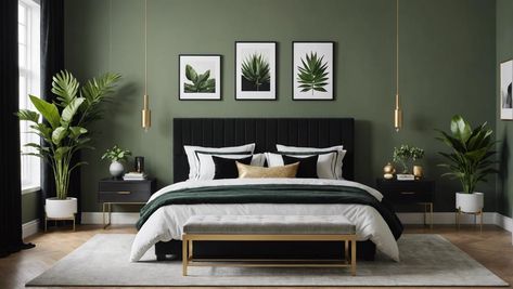 chic sage and black Sage Green Bedroom Black Furniture, Sage And Black Bedroom, Black And Sage Green Bedroom, Black White Green Bedroom, Green And White Bedroom, Sage Bedroom, Green Accent Walls, Black Bed Frame, Sage Green Bedroom