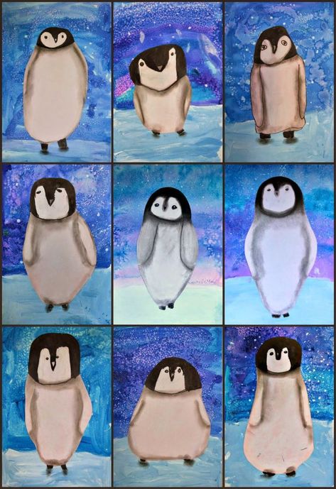 Art 2nd Grade, March Of The Penguins, January Art, Classe D'art, Winter Art Lesson, First Grade Art, 2nd Grade Art, Winter Art Projects, The Penguins