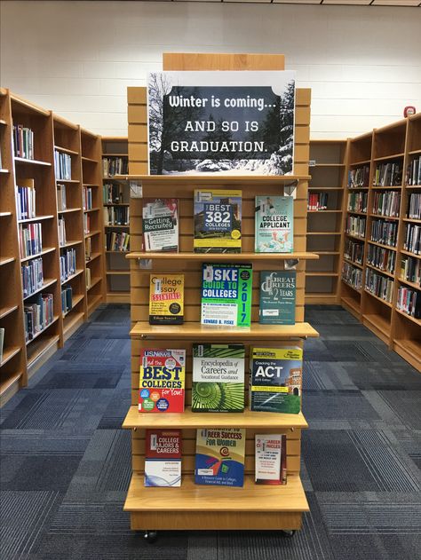 Winter/Graduation College Library Displays, Winter Graduation, Library Bulletin Boards, Library Display, Teacher Librarian, College Library, Bulletin Board Display, Library Displays, College Prep