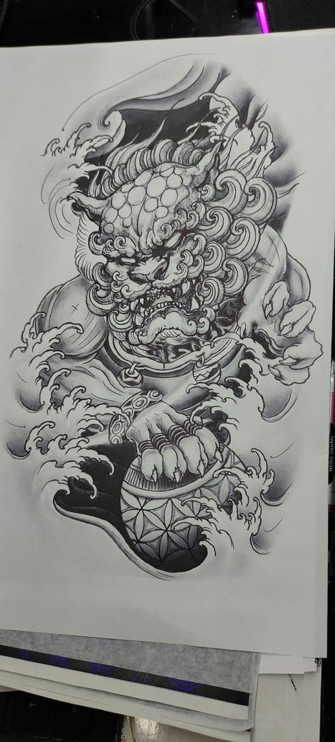 Tattoo Design Japanese, Tato Irezumi, Japanese Foo Dog, Japanese Demon Tattoo, Foo Dog Tattoo Design, Dog Tattoo Design, Guerriero Samurai, Japanese Tiger Tattoo, Foo Dog Tattoo