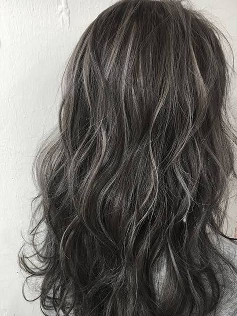 Hair Coloring For Dark Hair, Dark Gray Highlights On Dark Hair, Black Hair Grey Blending, Babylights Grey Blending, Gray Money Piece Hair Brunette, Blending Grey Hair With Dark Hair, Dyed Grey Hair, Silver Babylights, Grey Highlights In Brown Hair