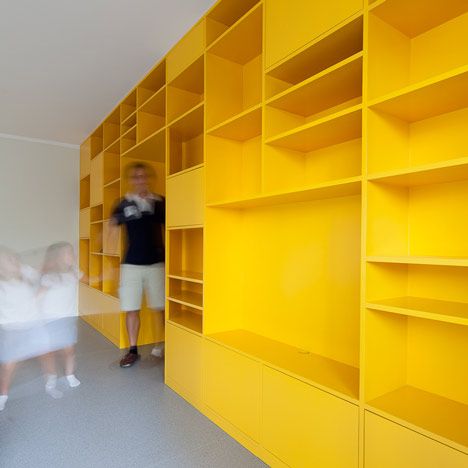 Yellow Apartment, Apartment Renovation, Yellow Walls, Design Del Prodotto, Storage Design, Wall Storage, Design Milk, Wall Design, Bookshelves