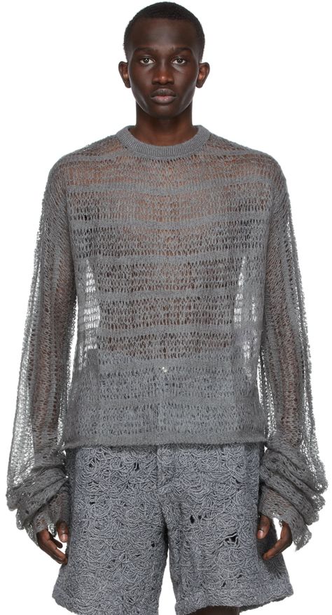 Long sleeve open knit regenerated mohair crewneck sweater in grey. · Ribknit collar · Overlong sleeves · Raw edge hem Supplier color: Grey Netted Sweater, Knitwear Details, Mesh Sweater, Sheer Sweater, Tight Sweater, Knit Men, Boatneck Sweater, Open Knit Sweater, Sweater Crochet Pattern