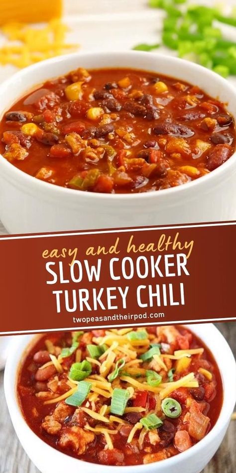 Slow Cooker Turkey Chili - this healthy turkey chili is loaded with beans, veggies, and lean turkey. Just throw in the ingredients, and walk away, and come back to dinner. Easy crockpot turkey chili is perfect for a chilly (and busy) day! Best Turkey Chili, Healthy Turkey Chili Recipe, Chicken Instapot, Healthy Turkey Chili, Chili Recipe Stovetop, Instapot Meals, Turkey Chili Healthy, Turkey Chili Recipe, Slow Cooker Turkey Chili