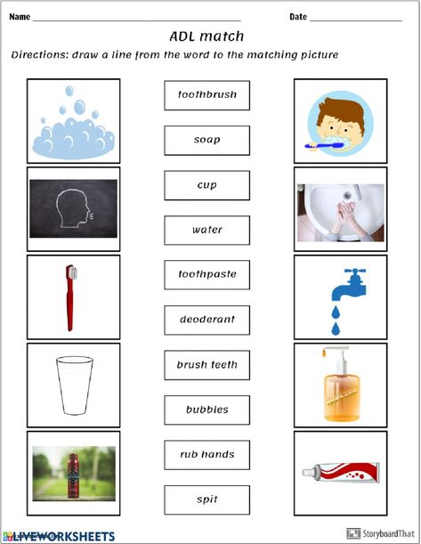 Adls Activities, Hygiene Worksheet, Match Worksheet, Bubble Wrap Art, Good Hygiene, Emotional Activities, School Safety, Social Emotional Activities, State School