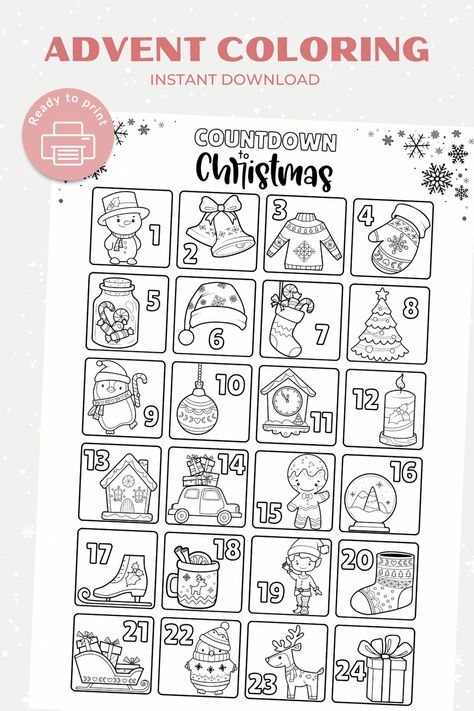 These are cute Advent Coloring Pages that kids, students or adults can color in as they count down to Christmas Eve! The Pages have 24 or 25 squares featuring cute illustrations that symbolize Christmas, such as a Christmas tree, a gingerbread man, a snowman, bells, a snowflake, gifts, candles, an elf and more. Snowflake Gifts, Advent Coloring Pages, Cricut Draw, Coloring Christmas, Count Down To Christmas, Elf Letters, Coloring Page Printable, Coloring Bookmarks, Christmas Calendar