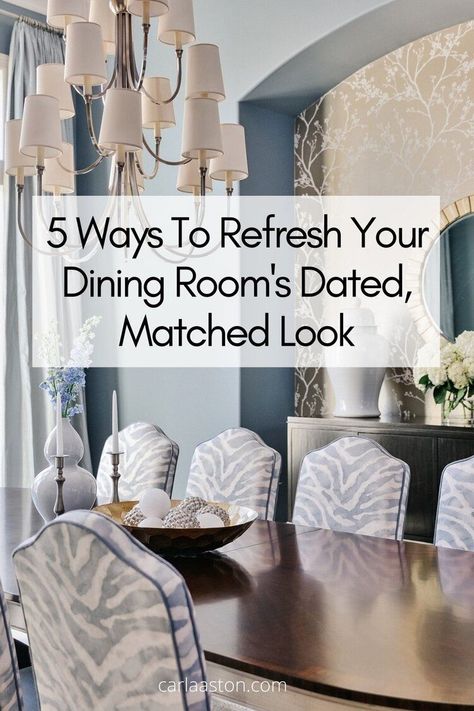 5 Ways To Refresh Your Dining Room’s Dated, Matched Look! This detailed guide will help you update your dining room, evaluating every element so that you can love your dining room again! carlaaston.com Update Formal Dining Room, Formal Dining Room Window Treatments, Formal Dining Room Wallpaper, Formal Dining Room Inspiration, Elegant Dining Chairs, Trending Dining Rooms 2023, Update Dining Room Chairs, House Design Dining Room, 2024 Dining Room